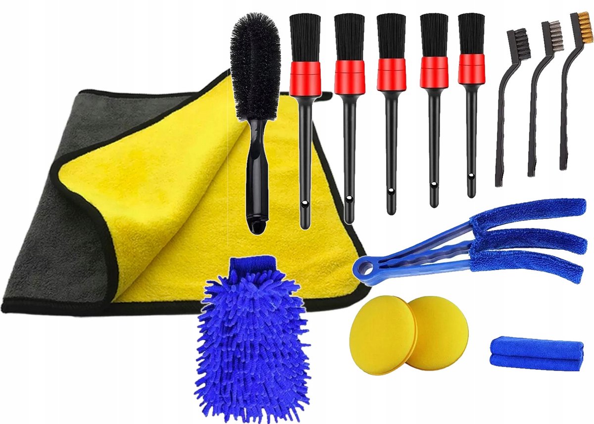 16-delige Autodetailing Set: Kwasten, Microvezel & Poetsdoeken