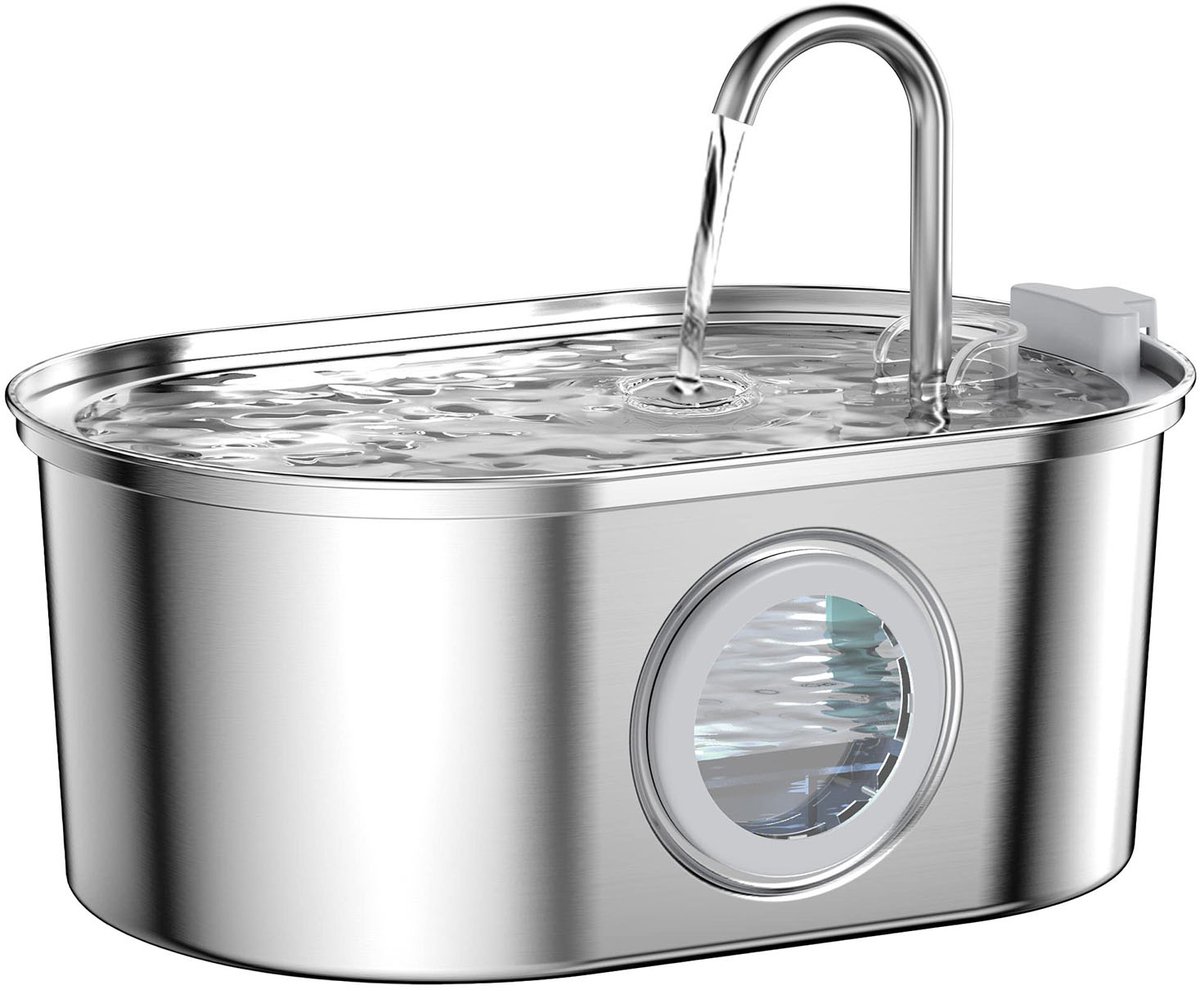 Drinkfontein Kat & Hond - 3.2L RVS Huisdieren Fontein met Waterniveau Venster - Stille Kattenfontein - Roestvrij Staal tegen Kattenacne - Drinkbak met Filter & EU Stekker
