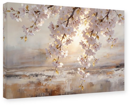 Kersenbloesem Schilderij 60x40 cm - Canvas op Frame Wanddecoratie Abstract Bloemen Kunstdruk Muurdecoratie, Bloesem