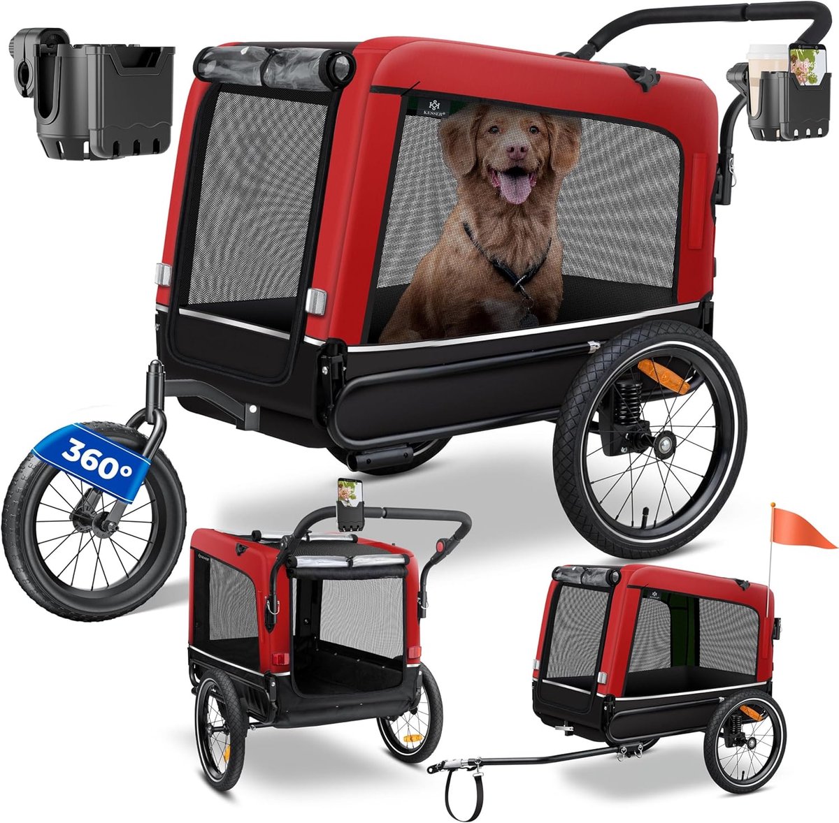 Hondenaanhanger - Hondenbuggy Jogger - Veilig Vervoer - 3-in-1 Functie - 240 Liter - Rood