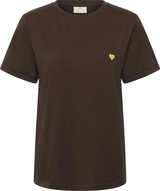 Bruin Kaffe t-shirt met label en een opgestikt geel hartje op de borst.