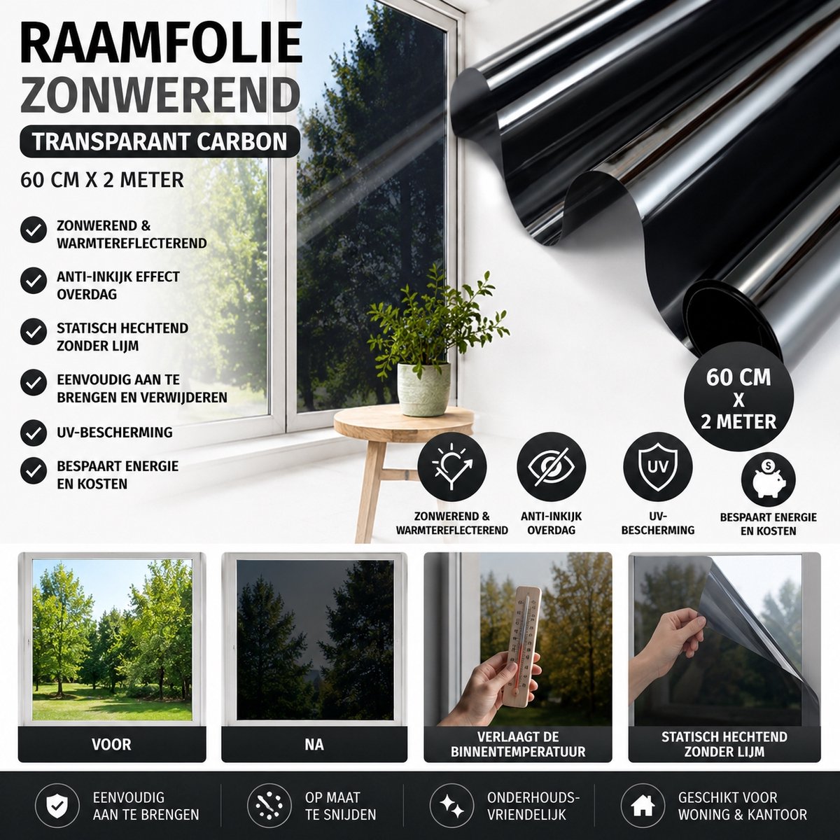 Wicotex - Raamfolie Zonwerend - Afmeting 60cm x 2m - Kleur transparant carbon