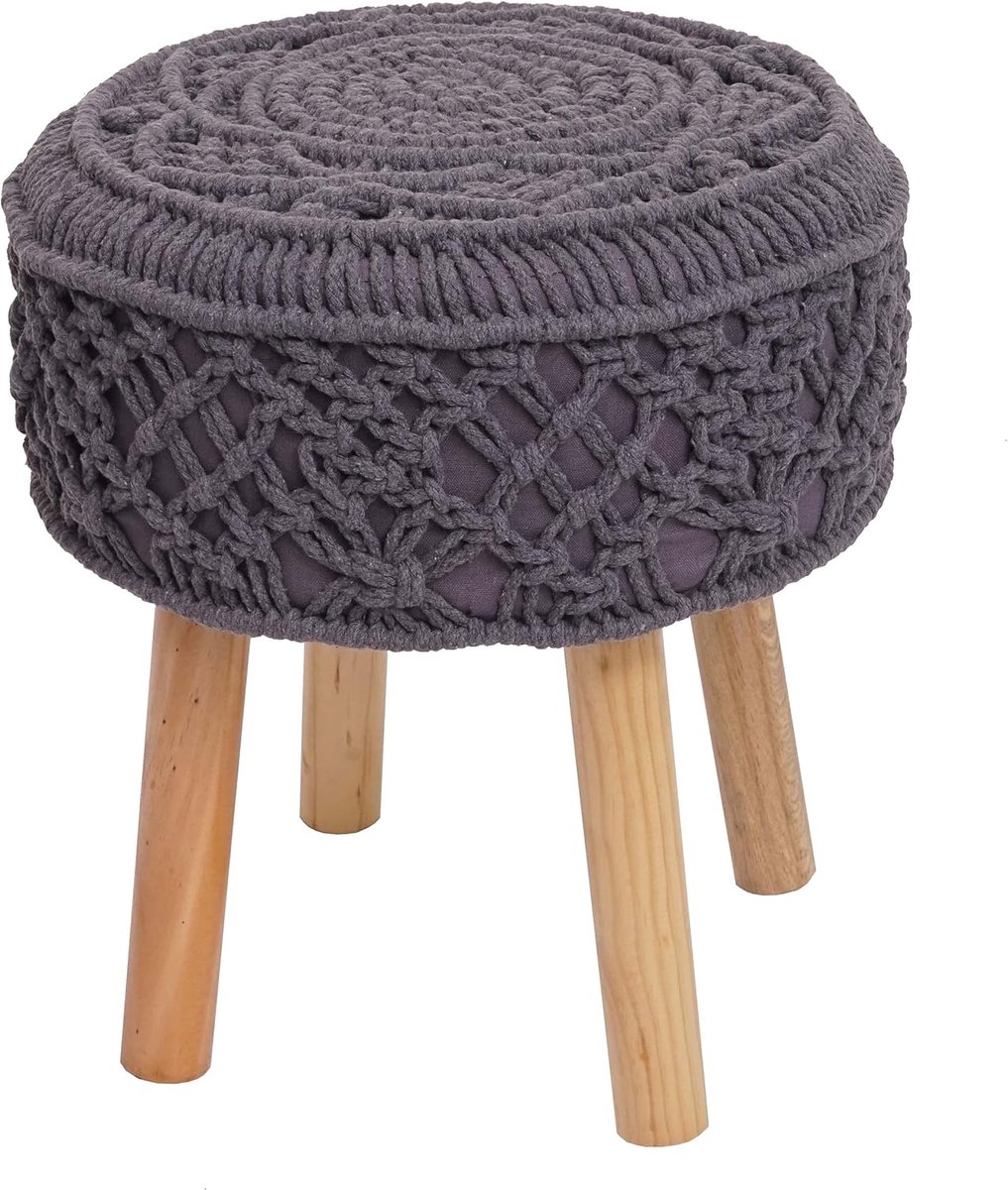 Gebreide Zitkruk - Voetenbank Hocker - Comfortabel Ontspannen - Stabiele Houten Poten - 45 x 41 cm - Donkergrijs