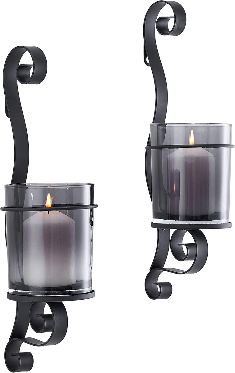 Wandkandelaars Set - Kaarsenhouders - Sfeerverlichting Creëren - Met Rookglas - 37 cm Hoog - Zwart