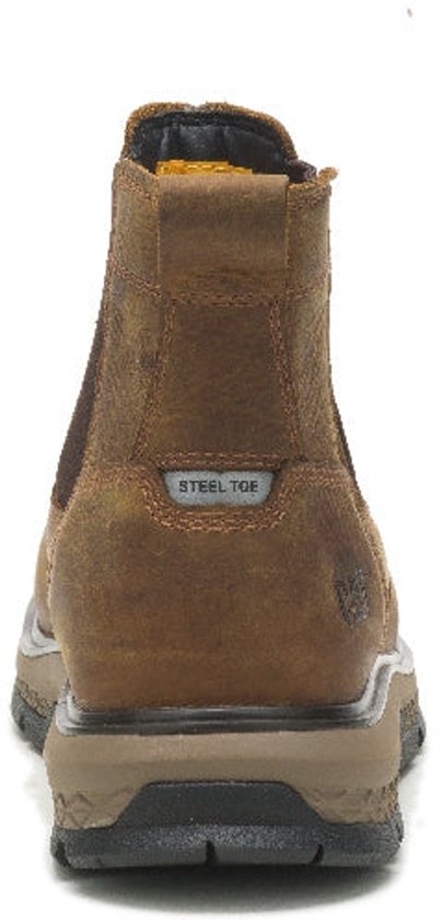 Achterkant van bruine leren Chelsea werklaars met 'STEEL TOE' aanduiding en CAT-logo.