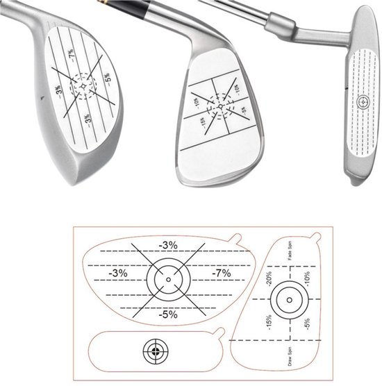 Drie golfclubs met verschillende impactmarkeringsstickers. Onder: overzicht van verschillende stickerformaten.