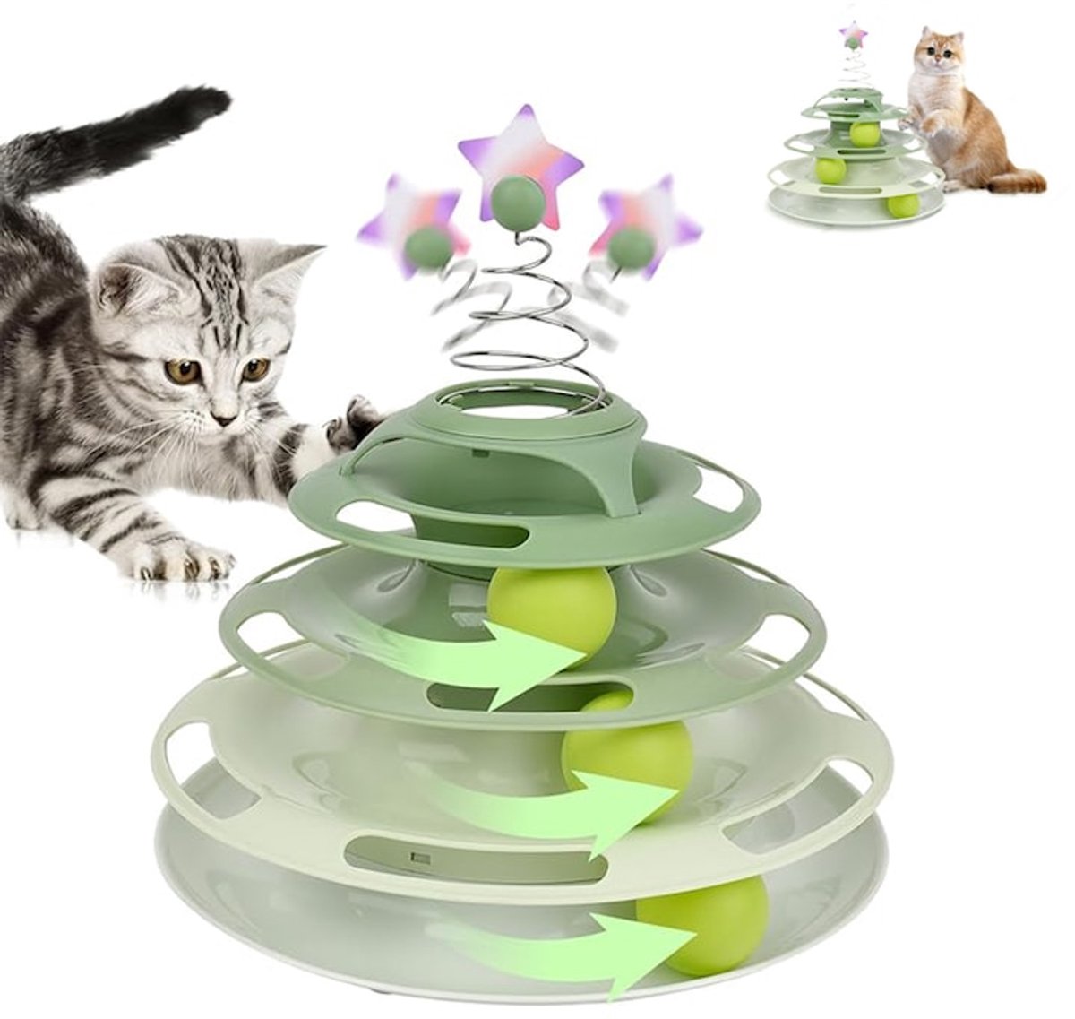 Interactief kattenspeelgoed - 3-Laags Kattenspeelgoed Toren - TENZHVXI® - 2-in-1 - 360° draaibaar - PP - 25,5*25 cm - Speelgoed met sterren en balletjes - Voor zelfvermaak en langzaam voeren - Groen