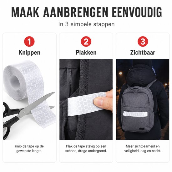 Stappen om reflecterende tape aan te brengen: knippen, plakken op rugzak, en zichtbaar zijn in het donker.