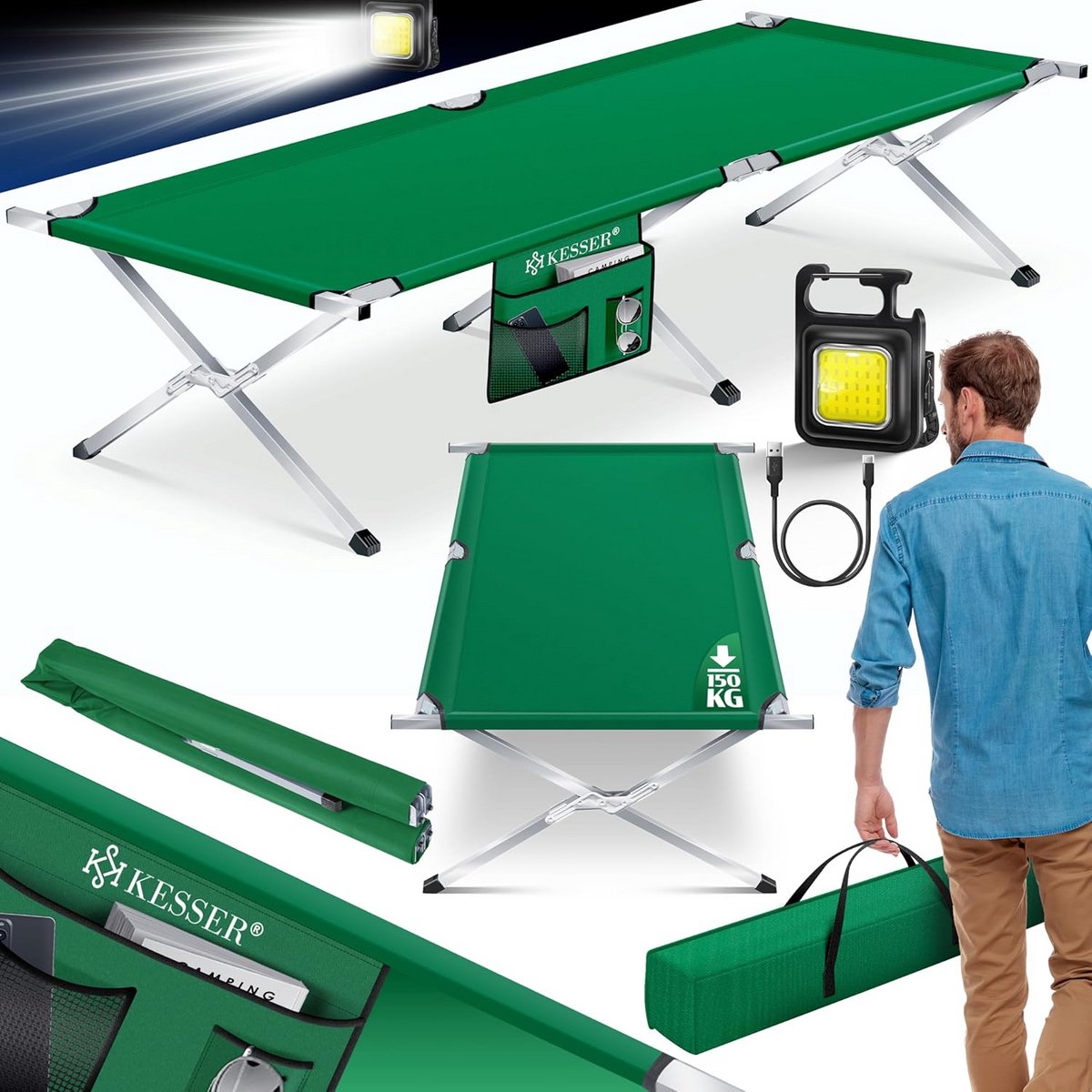 Campingbed - Opklapbed veldbed - Buiten slapen - Tot 150 kg belastbaar - 210 cm - Groen