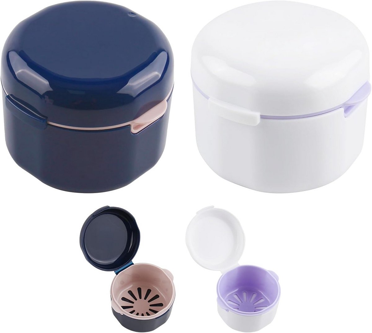 Beugeldoos met zeef - Prothesenhouder inweekbakje - Hygiënisch bewaren - Dubbellaags ontwerp - 2 stuks - Blauw wit