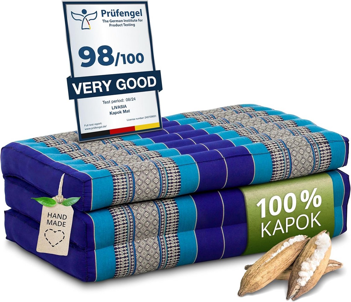 Kapok Matras - Opvouwbaar Ligbed - Ontspannen Buiten - Natuurlijke Vulling - 140x70cm - Blauw