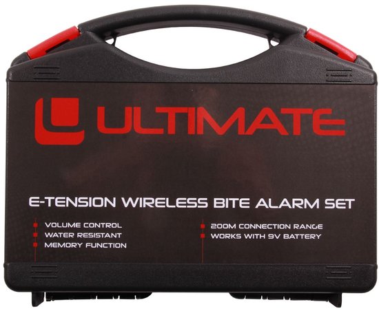 Zwarte draagtas met rode accenten en de tekst 'ULTIMATE E-TENSION WIRELESS BITE ALARM SET'.