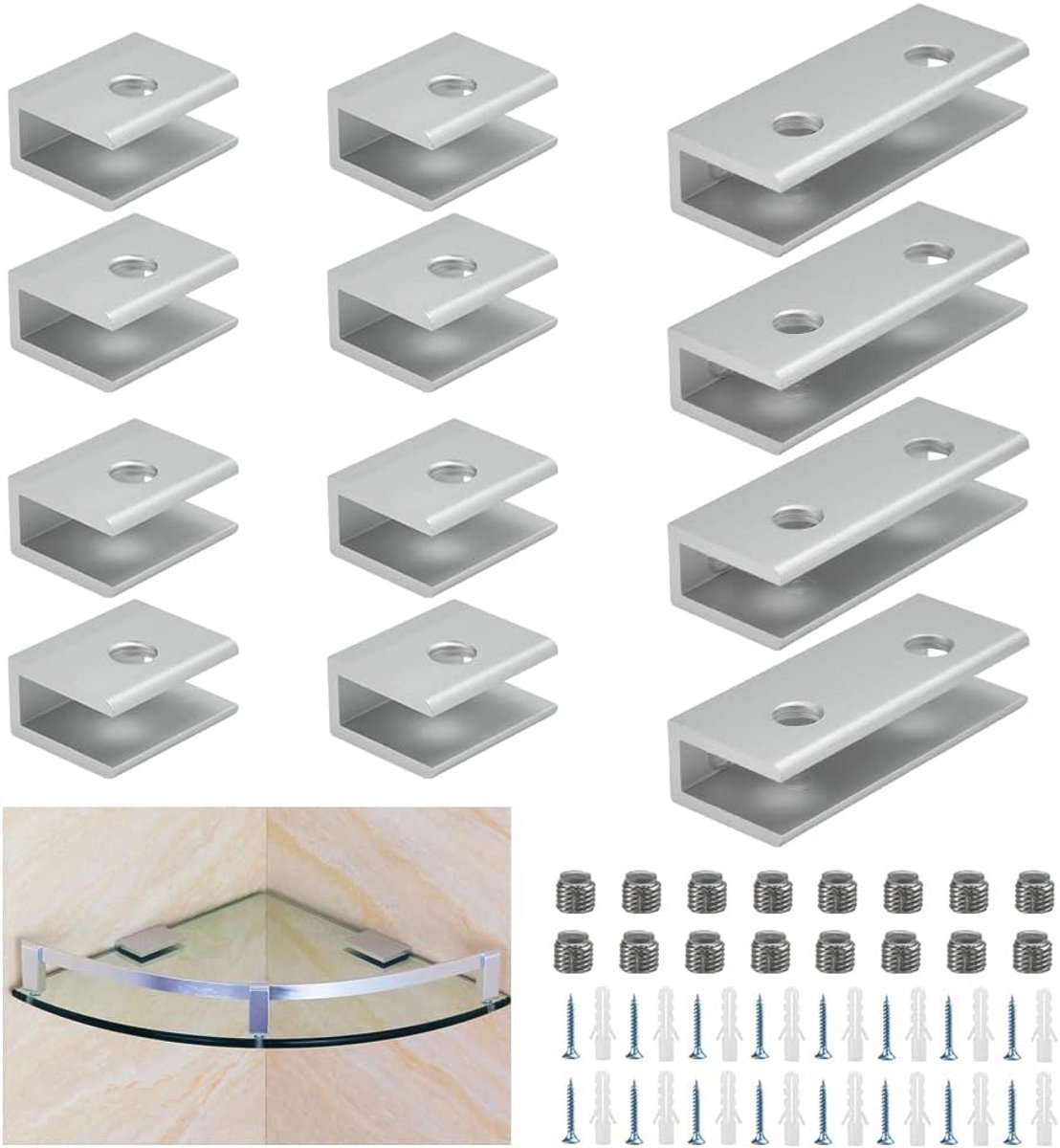 Glazen Klemmen - Glashouders - Montage Planken - Verstelbaar - 12 Stuks - Aluminium