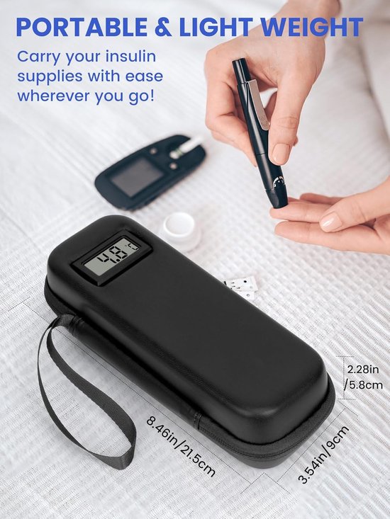 Insuline Koeltas met 2 Koelelementen - Met °C Temperatuurweergave - Diabetes Koeltas - Insulinepennen koeltas - Diabetische Reistas - Insuline Etui - Koelbox - Koeltasje Voor Op Reis - Koeltas voor Insulinespuit - Koelt Medicatie 6-8 uur lang - Zwart — afbeelding 2