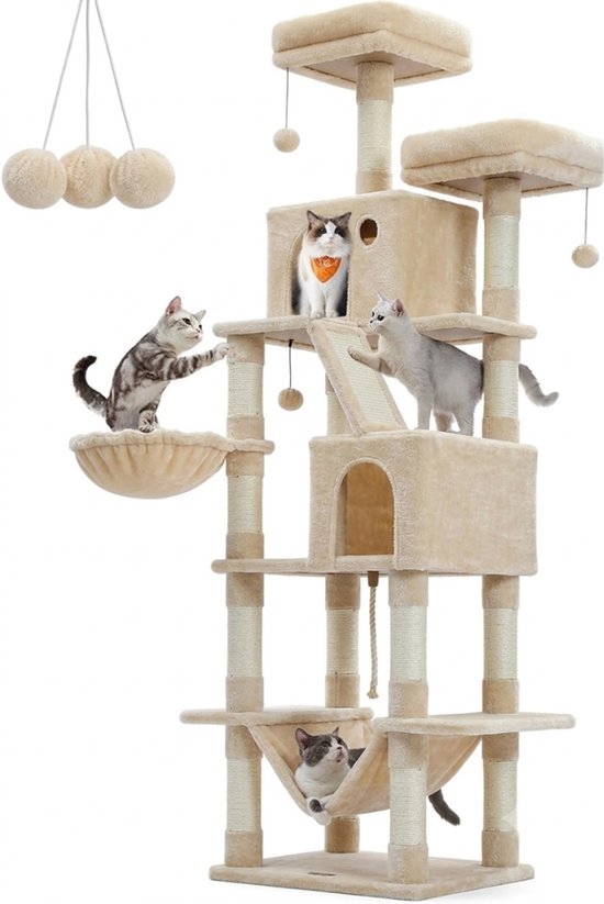 Beige krabpaal met 3 katten erop, inclusief hammock, mandjes en speeltjes.