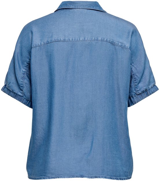 Blauwe denim blouse met korte mouwen, kraag en knoopjes. Achteraanzicht.