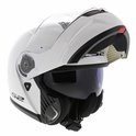 Casque modulable blanc LS2 avec mentonnière relevée et visière teintée. Accents noirs.