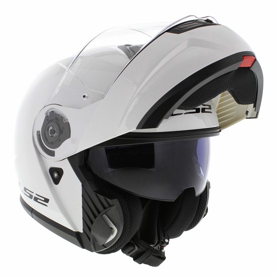 Casque modulable blanc LS2 avec mentonnière relevée et visière teintée. Accents noirs.