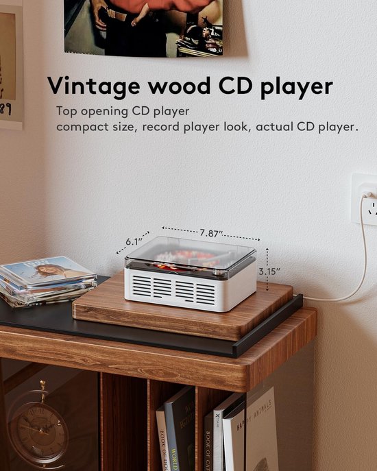 CD-speler met Bluetooth-zender, nostalgische retro houten muziekspeler, ingebouwde luidsprekers met basversterking, FM-radio voor thuisgebruik (bedraad en met afstandsbediening) - wit — afbeelding 2