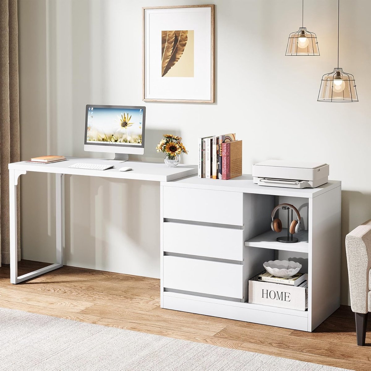 L-vormig Hoekbureau Computerbureau 100 x 45 x 75 cm met 3 Laden en Opbergkast – Omkeerbaar Wit Hoekbureau met Planken, Industrieel Design voor Thuiskantoor, Slaapkamer en Kantoor – Mobili Bella