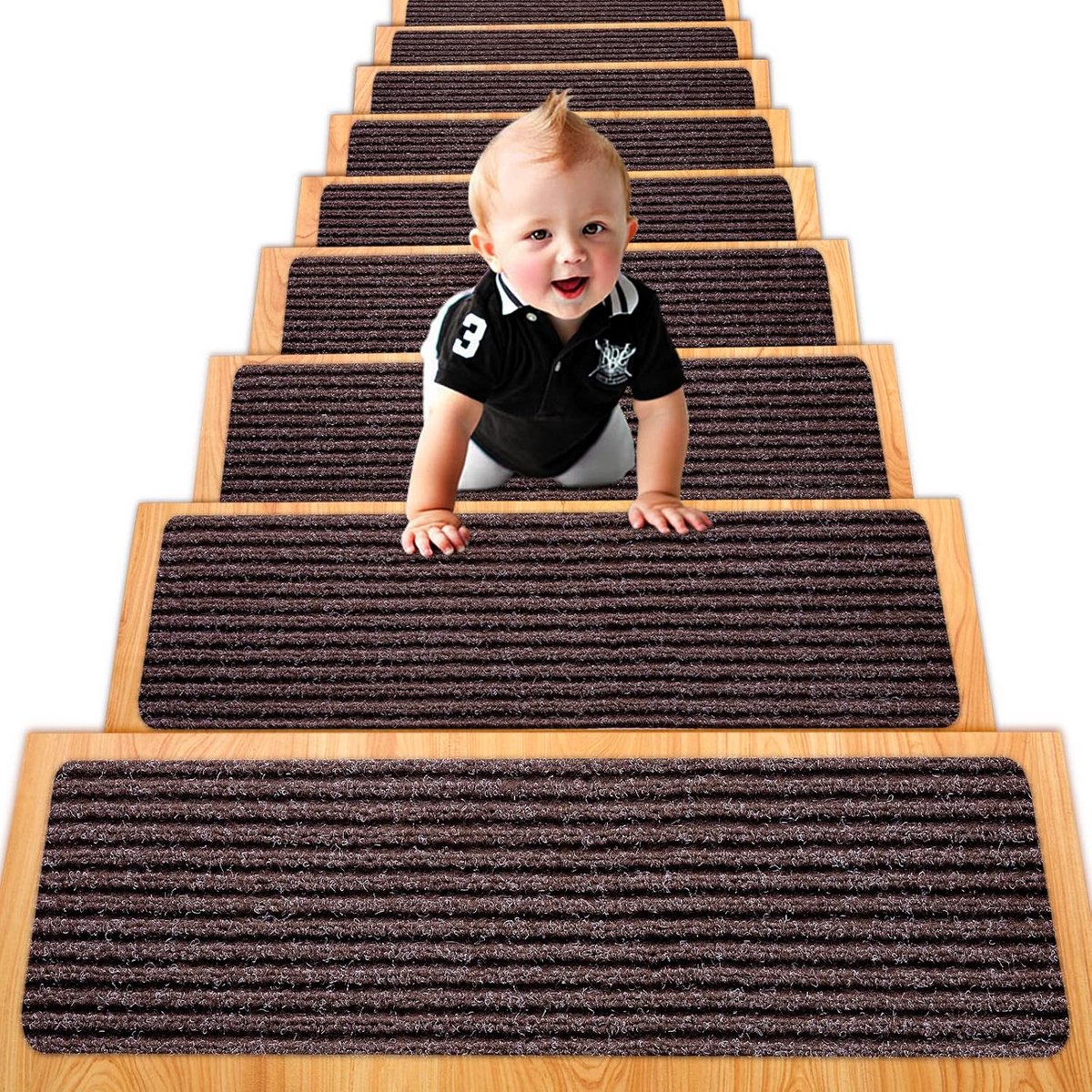 Trapmatten Set - Zelfklevende Treden - Veilig Trap Lopen - Duurzaam Polyester - 15 Stuks 76x20 - Bruin Strepen