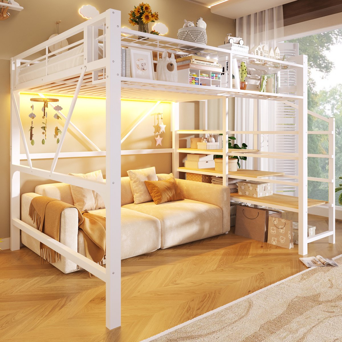 Hoogslaper 140 x 200 cm, Metalen Bed, Opstapje, Gaaselementen, Opbergmand, Open Opbergruimte Onder het Bed, met Led-lichtstrip, Kinderbed Exclusief Matras-Wit