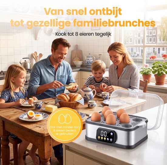 Een gezin geniet van een ontbijt aan tafel, met de zilverkleurige eierkoker met 8 eieren erop.