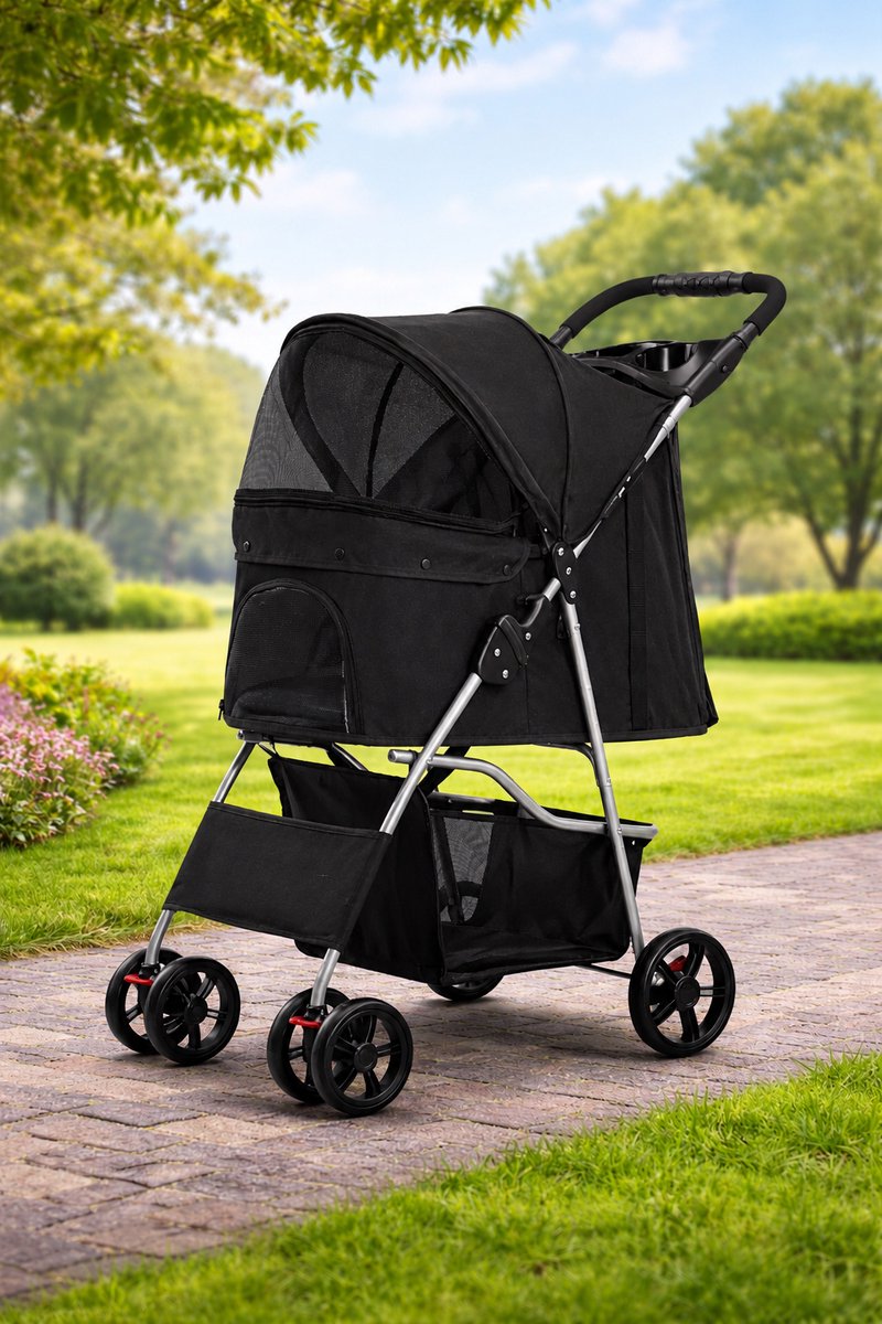 OODBLUE Hondenbuggy / Hondenwagen – Opvouwbaar met Één Hand – Inclusief Regenhoes – Tot 15 kg – Lichtgewicht Aluminium Frame – Met Opbergmand, Veiligheidslijn, Ventilatie, Rem & Bekerhouder – Zwart