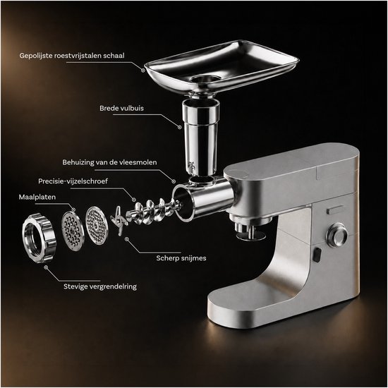 Vleesmolen-Opzetstuk voor Kenwood Standmixer - Opzetstuk met Adapter, 4 Maalschijven, 3 Maalmessen, 2 Worstvulbuizen - Vleesmolenaccessoires voor Kenwood van MMOBIEL — afbeelding 3