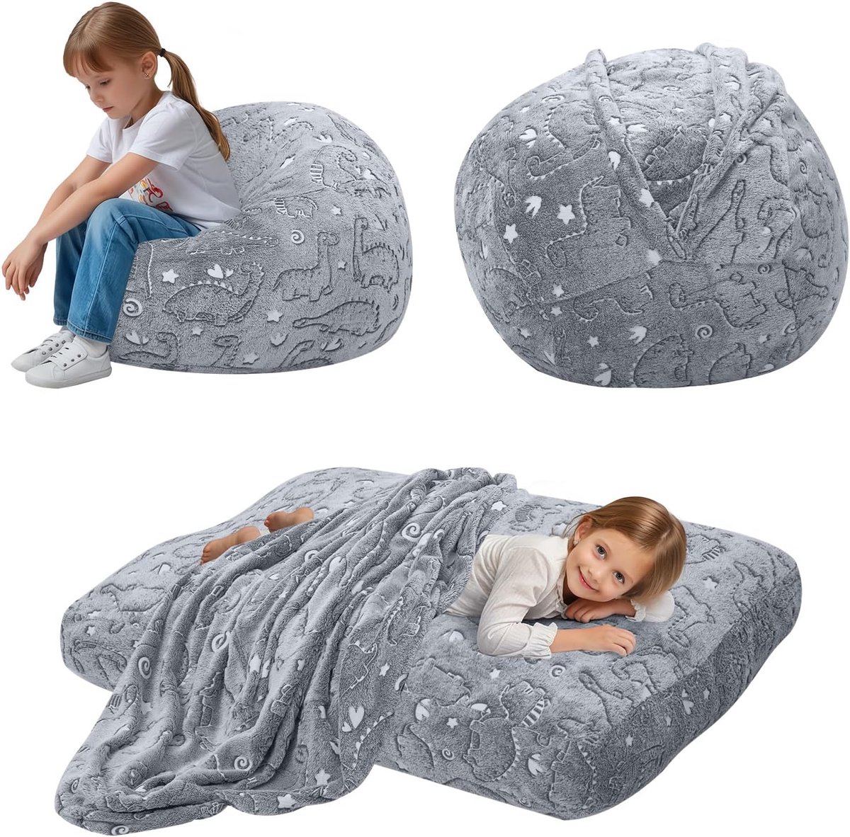 Kinderzitzak - Stoel bed - Spelen en slapen - Cabrio ontwerp - 75 x 75 cm - Grijze dinosaurus