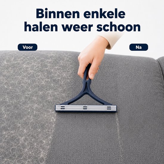 Rasoir bleu foncé enlevant efficacement les poils d'animaux d'un canapé en tissu gris.