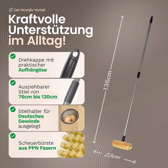 Houten Schrobber - Vloerborstel - Grondig Reinigen - Inclusief Telescoopsteel - 130 cm - Houtkleur van Houten — afbeelding 2