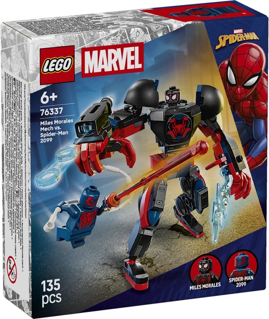 Boîte LEGO Marvel Miles Morales Mech vs. Spider-Man 2099. Grande figurine rouge, noire et bleue avec la figurine Spider-Man 2099.