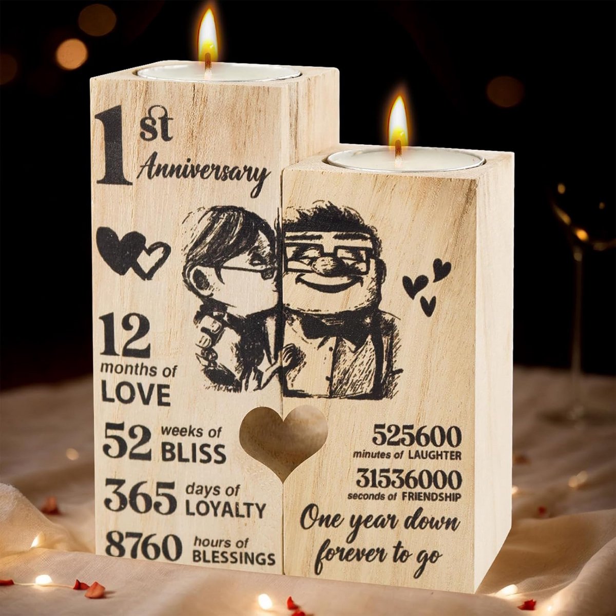 Houten Kandelaar - Romantisch Cadeau - Eerste Huwelijksdag - Hartvormige Verbintenis - 12 x 9 x 4.5 cm - Houtkleur