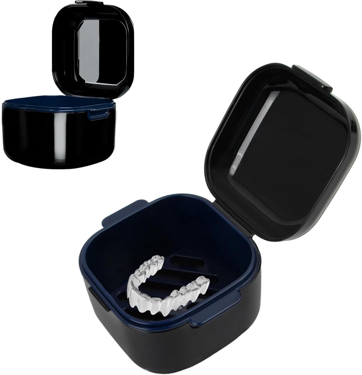 Prothese Opbergdoos - Reinigingsbakje Tandprothese - Hygiënisch Bewaren - Met Uitneembare Mand - 9.7 x 8.8 x 7 cm - Zwart