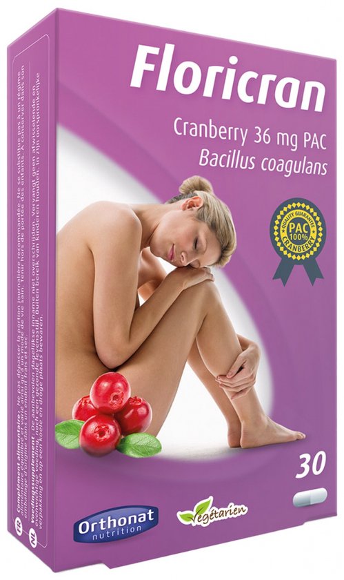 Floricran cranberry capsules met bacillus coagulans, met afbeelding van een vrouw en cranberry's.