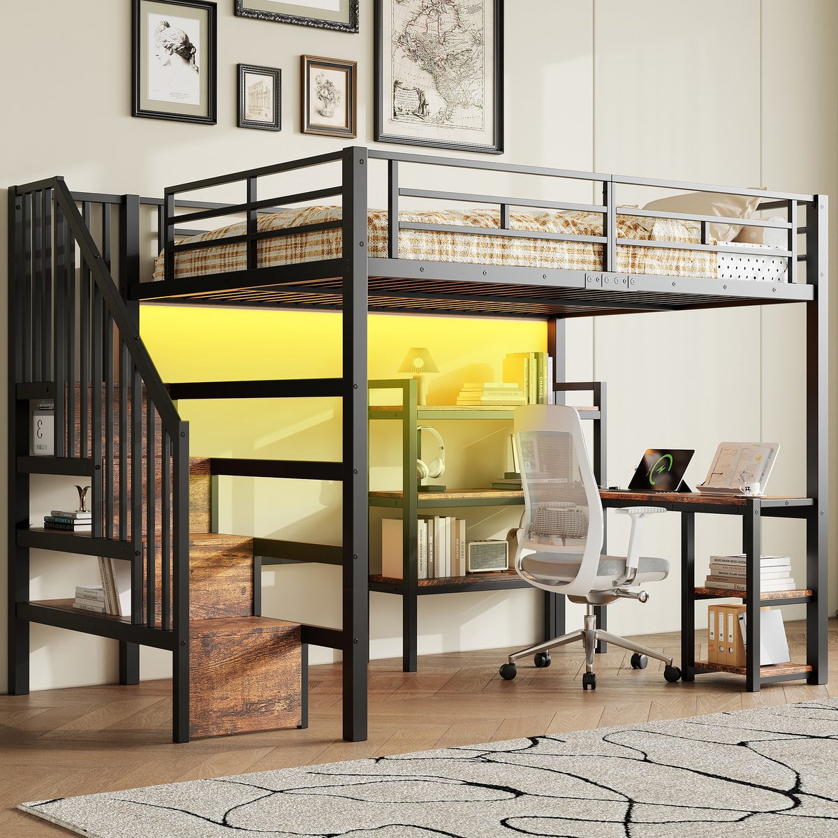 OKWISH Hoogslaper 140x200 cm - Met Bureau, Ledverlichting En Oplaadpunt - Met Opbergtrap En Vakken - Zonder Matras - Zwart