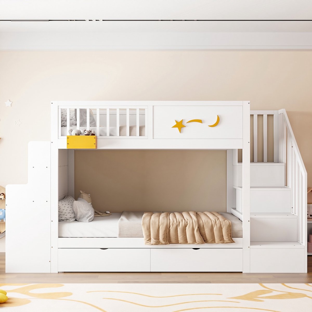 VVBV Houten Stapelbed 90x200 cm met Lades, Bureau - Trap/Ladder, Voor Kinderen/Tieners, Opbergruimte - Massief Hout Wit White