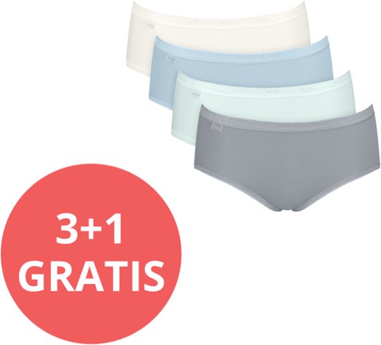 4-pack dameshipster broeken in de kleuren gebroken wit, lichtblauw, mintgroen en grijs met kanten afwerking. "3+1 GRATIS" rood cirkel logo.