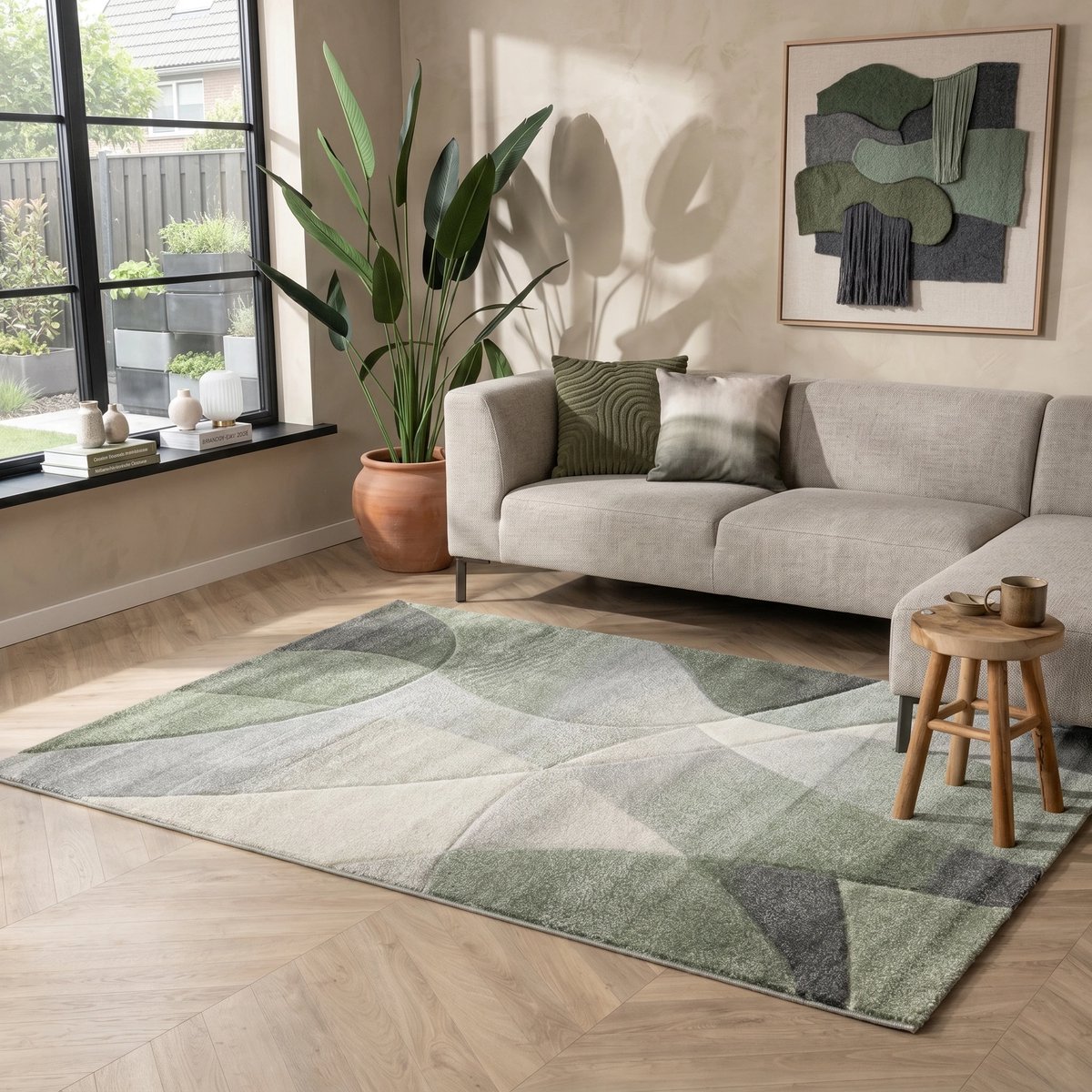 flycarpets Vernazza Abstract Vloerkleed - Groen / Creme - 80x150 cm - Laagpolig Tapijt