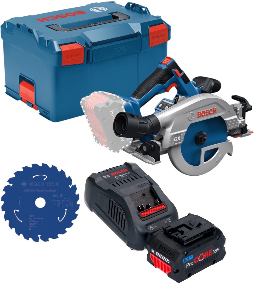 Bosch GKS 18V-57-2 GX Professional accu-cirkelzaag 18 V 165 mm borstelloos + 1x ProCORE-accu 5,5 Ah + oplader + L-Boxx
