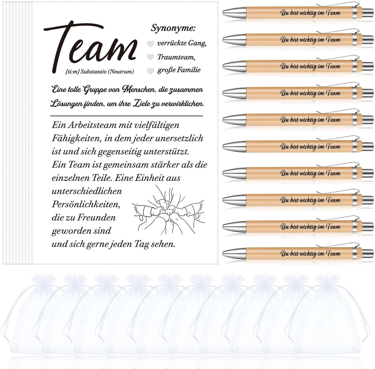 NTH products- Wenskaarten Set - Bedankjes voor Collega's - Afscheidskaarten - Cadeauset voor Medewerkers - Houten Balpen - Organza Zakje