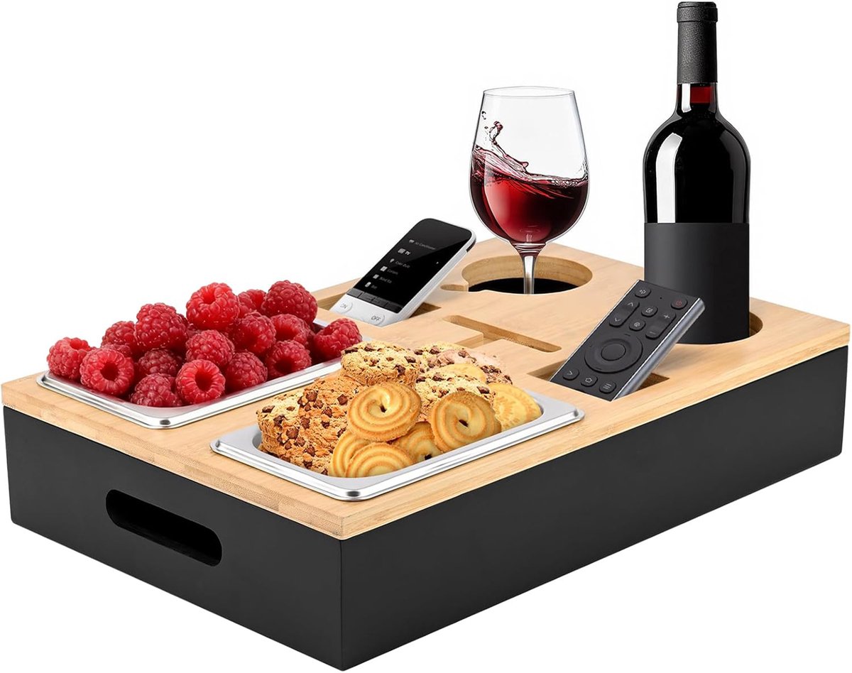 Couchbar Snackbox - Dienblad - Bankbar - Met 2 Snackschalen Van Roestvrij Staal en 2 bekerhouders - Afneembaar Deksel - Couch dienblad voor woonkamer, bank, restaurant, picknick, feest