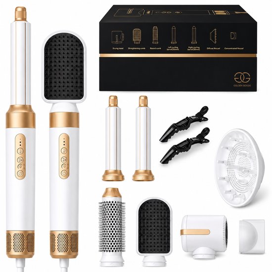 Een witte en gouden 7-in-1 föhnborstel met accessoires in een zwarte doos. Inclusief droogkop, straightener kam, ronde borstel, krulaccessoires, diffuser en concentrator.