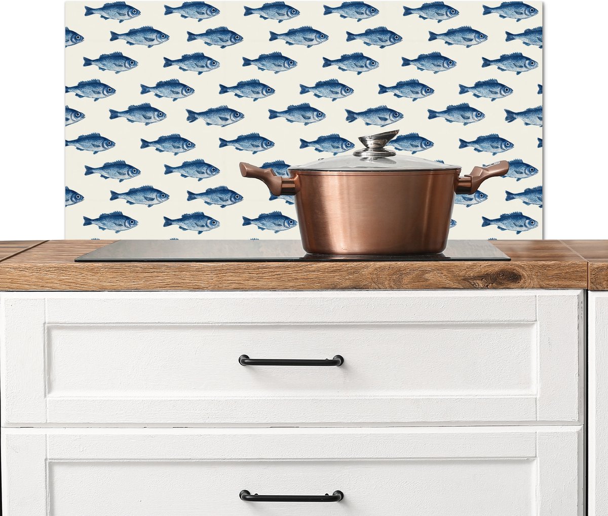 KitchenYeah Spatscherm keuken 80x40 cm Kookplaat achterwand Vis Patroon Blauw Muurbeschermer Spatwand fornuis Hoogwaardig aluminium
