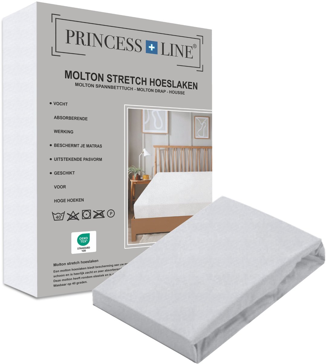 Princess Line Ultra-Soft Molton Hoeslaken 90x220 cm 1-Persoons - Extra lang - 80% Katoen - Ademend & Antibacterieel - Zacht & Rekbaar - Rondom Elastiek - Wasbaar - Hoekhoogte 30 cm - Wit