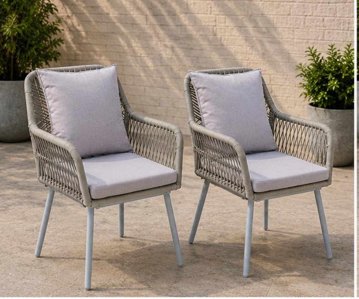 Tuinstoelen Set van 2 54x62x81 cm – Aluminium Rope Dining Stoelen met Zit- en Rugkussens – Weerbestendige Terrasstoelen voor Tuin, Balkon en Veranda – Antraciet/Grijs – Mobili Bella