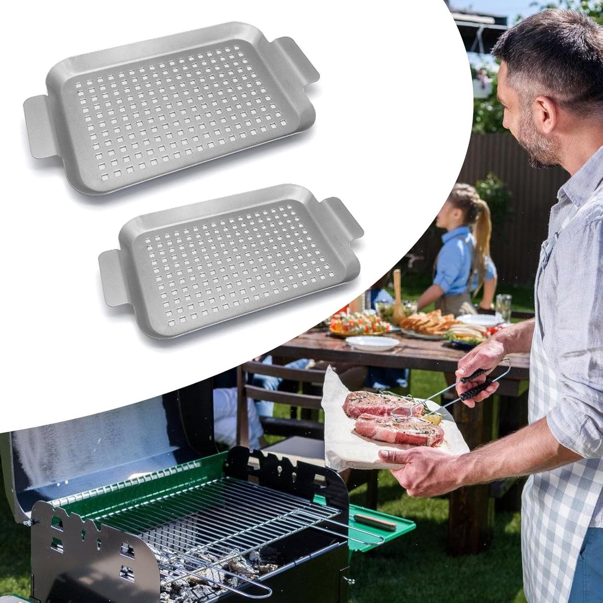 BBQ Grillpan Set - Metalen Bakplaat - Buiten Koken - Met Handvat Gaten - 2 Stuks - Zwart