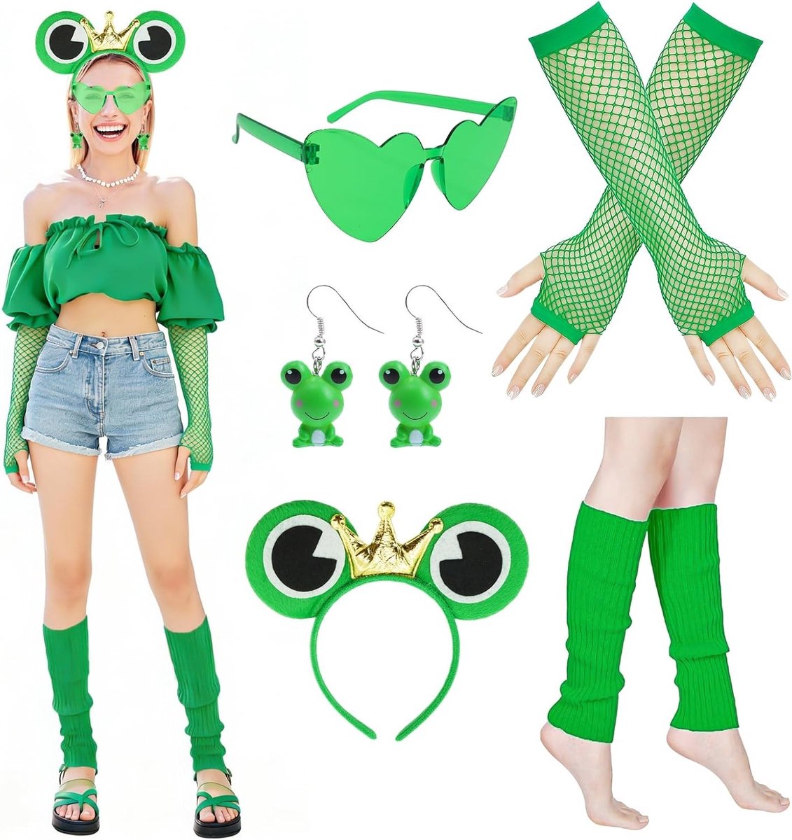 Vijfdelige Kikker Kostuum Set voor Volwassenen met Haarband, Oorbellen, Zonnebril en Handschoenen voor Carnavalsfeest en Themafeesten