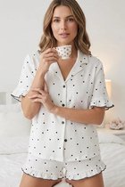 Jane Wolf Zomerse Dames Pyjama Set - Korte Mouwen & Short met Ruches - Doorknoop Pyjama met Zwarte Hartjes - Wit/Zwart 8072 Maat XXL